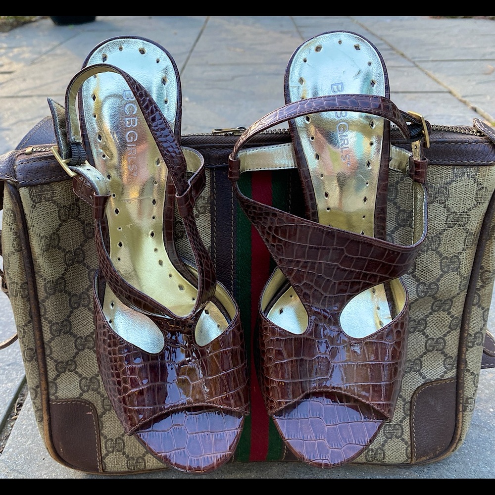 BCBG Lizard Skin Design High Heels open toed strapped ankle